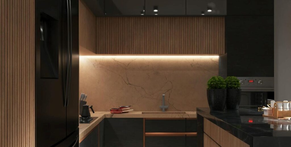 Adjustable LED lighting in a kitchen to create both work-focused and relaxing atmospheres.