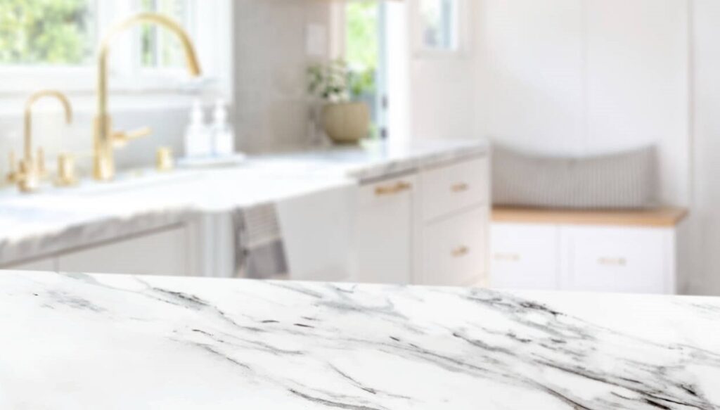 Elegant quartz countertops in a Sarasota kitchen remodel, showcasing durability and diverse design options.